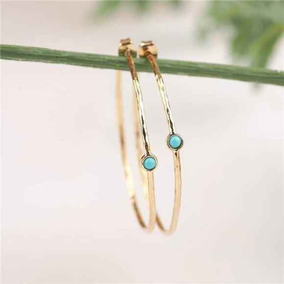 Gold Hoop Earrings Blue Turquoise Dainty Lightweight Hypoallergenic Boho Jewelry - Picture 2 of 8